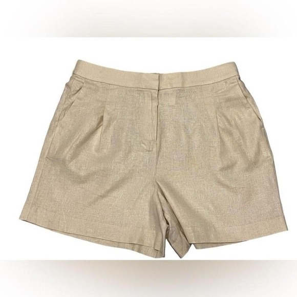J. Crew Linen Pleated High Waisted Elastic Tan Shorts Size 14 Normcore Preppy - Picture 1 of 6